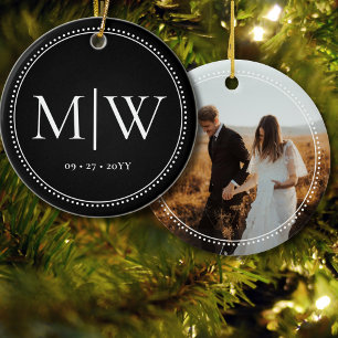 Minimalist Couple Monogram Photo Black Holiday Ceramic Ornament