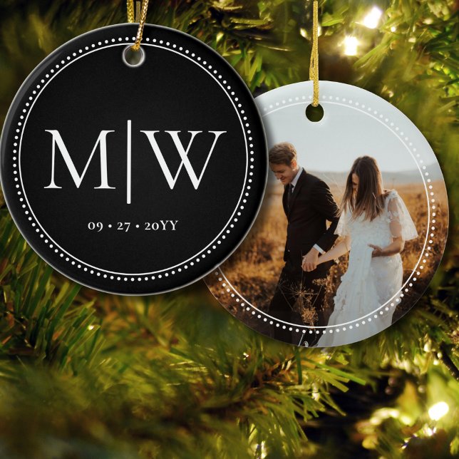 Minimalist Couple Monogram Photo Black Holiday Ceramic Ornament (Creator Uploaded)
