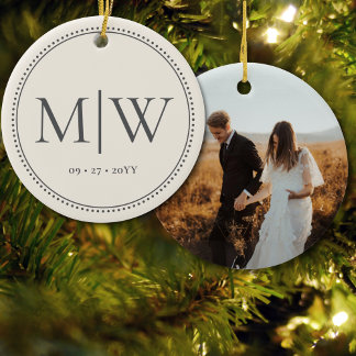 Minimalist Couple Monogram Photo Ecru Holiday Ceramic Ornament