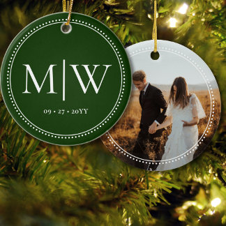 Minimalist Couple Monogram Photo Green Holiday Ceramic Ornament