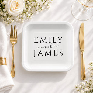 Minimalist Couple Names Black & White Wedding Paper Plate