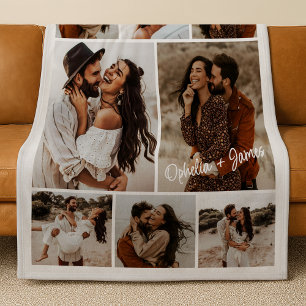 Minimalist Couple's 8 Photo Collage & Text Gift Fleece Blanket