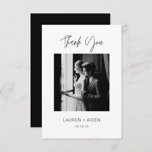 Minimalist Couple's photo Black & white wedding Thank You Card (Front/Back)
