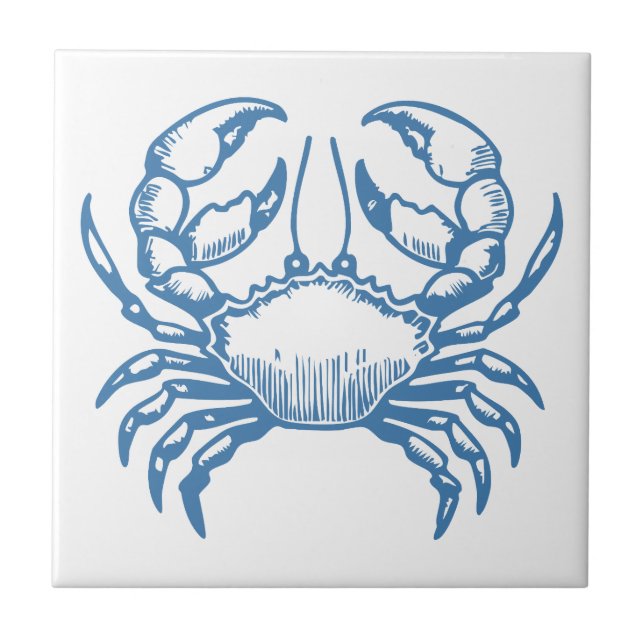 Minimalist Crab Line Art Blue Outline Coastal Deco Ceramic Tile (Front)
