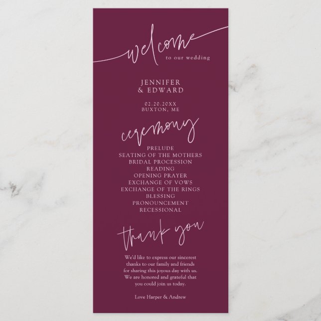 Minimalist Cranberry Wedding Ceremony Program (Front)