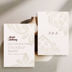 Minimalist Cream Burgundy Elegant Damask Wedding Invitation