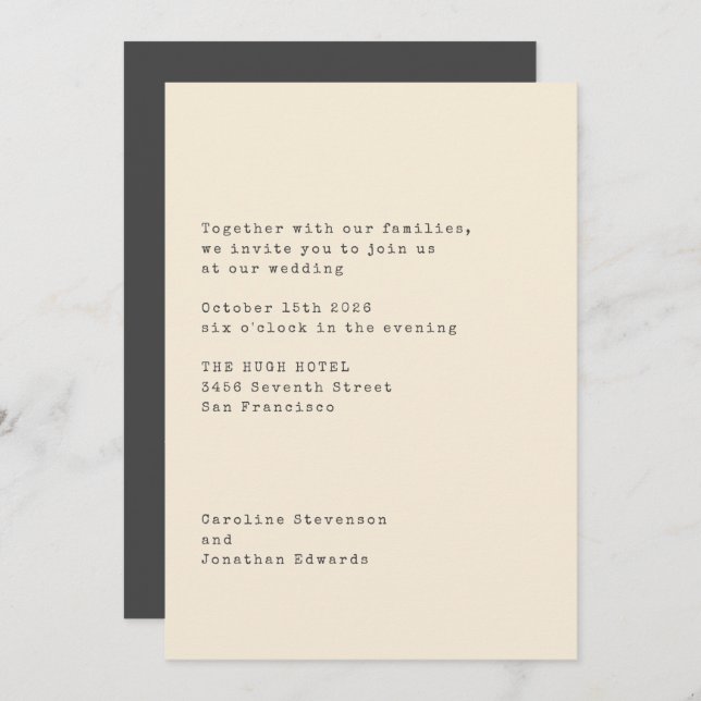 Minimalist Cream Typewriter Typography Wedding Invitation (Front/Back)