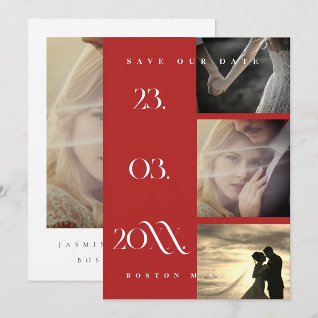 Minimalist Crimson Red Script 3 Photo Wedding Save The Date (Front/Back)