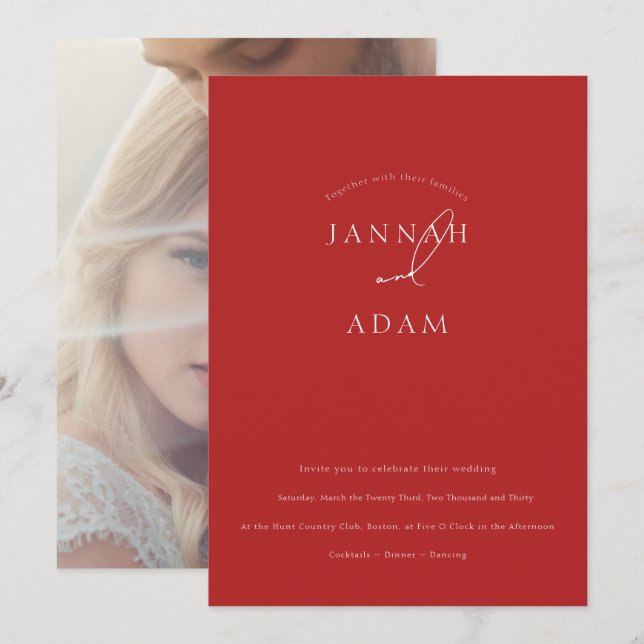 Minimalist Crimson Red Script Photo Wedding Invitation (Front/Back)