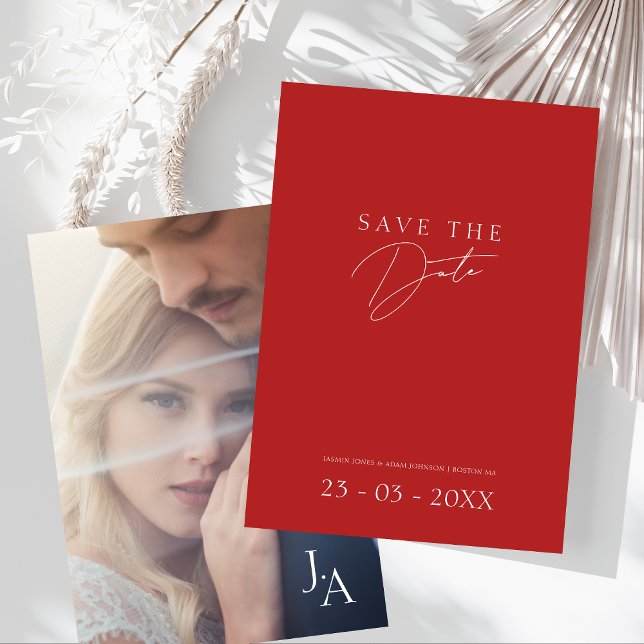 Minimalist Crimson Red Script Photo Wedding  Save The Date (Minimalist Crimson Red Script Photo Wedding Save The Date)