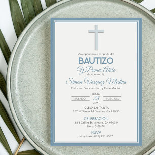 Minimalist Cross Baptism and First Birthday Invitation