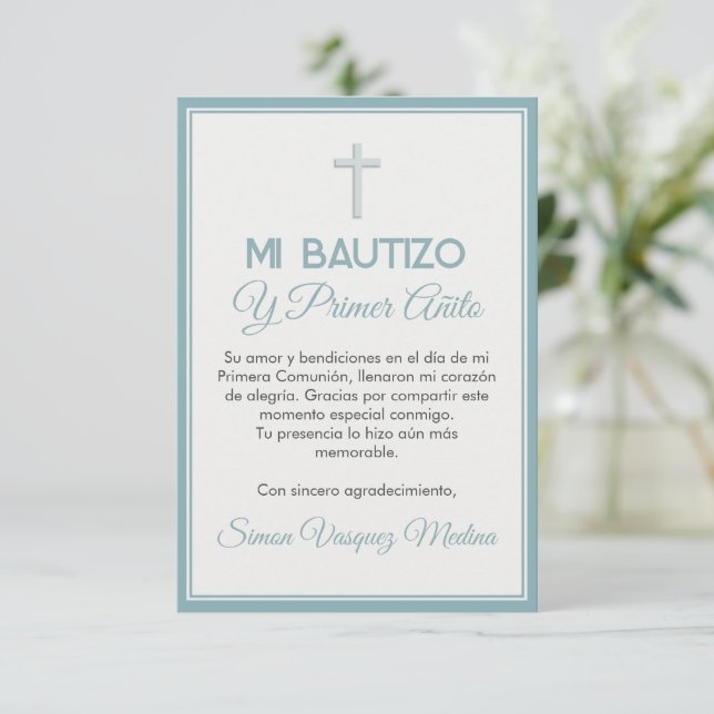 Minimalist Cross Baptism and First Birthday Thank You Card (Standing Front)