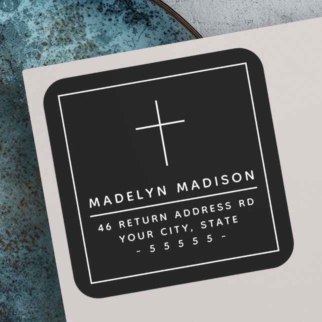 Minimalist cross black return address square sticker (Minimalist cross black return address square sticker)