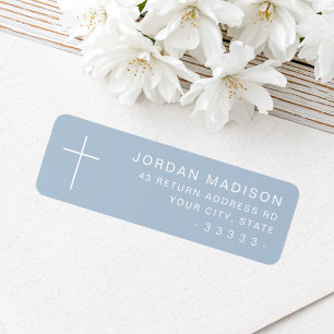 Minimalist cross dusty blue return address label