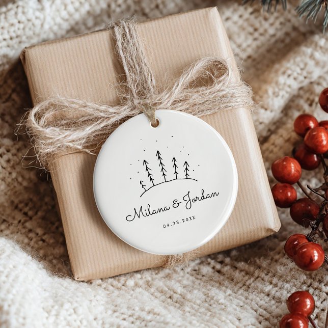 Minimalist Custom Couple Names Date Modern Photo Ceramic Ornament (Creator Uploaded)