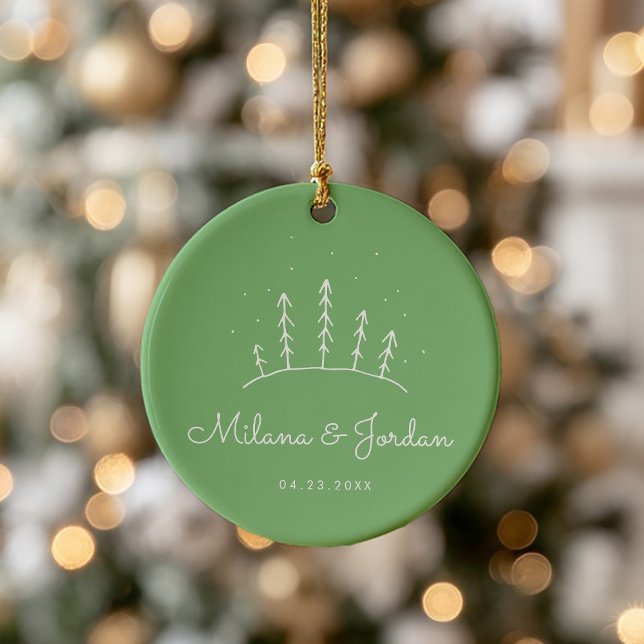 Minimalist Custom Couple Names Green Modern Photo Ceramic Ornament (Creator Uploaded)