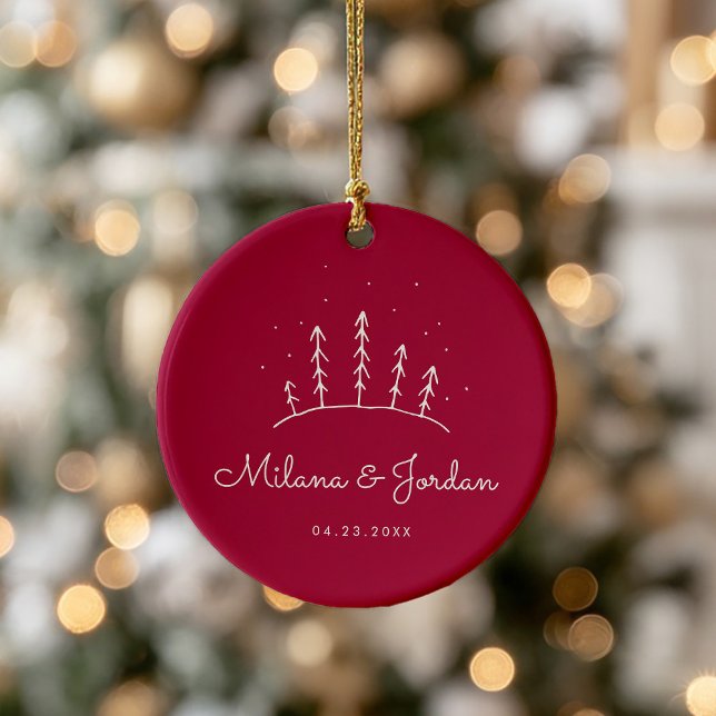 Minimalist Custom Couple Names Red Modern Photo Ceramic Ornament (Creator Uploaded)