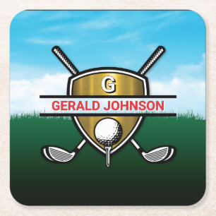 Minimalist Custom Elegant Golf Monogram Square Paper Coaster