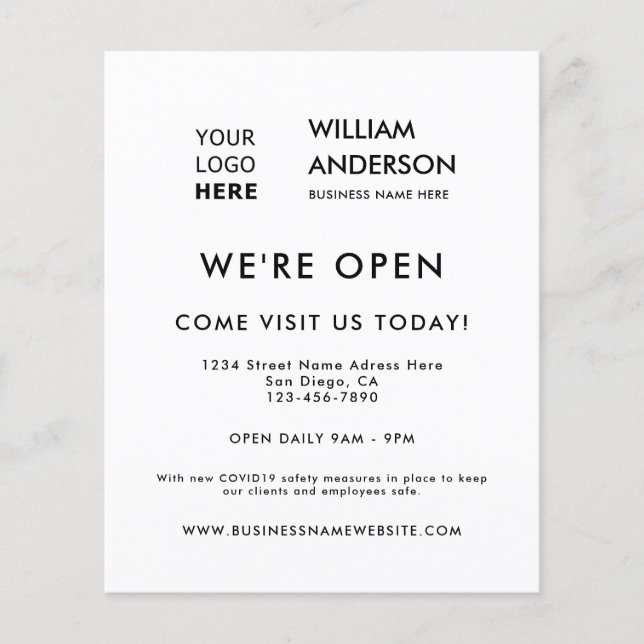 Minimalist Custom Logo Modern White Grand Opening Flyer (Front)