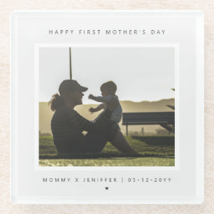 Minimalist Custom Photo First Mother's Day Modern Glass Coaster