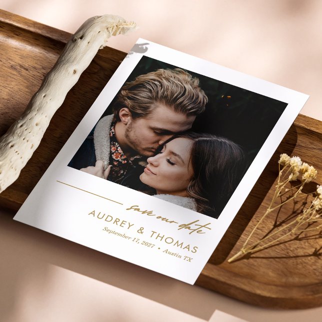 Minimalist Custom Photo Gold Script Save The Date (Minimalist Custom Photo Save the Date Card)
