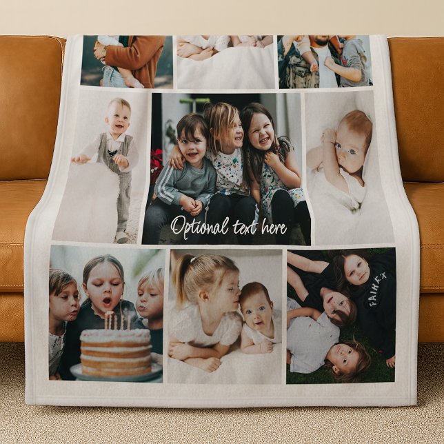 Minimalist Custom Text 9 Photo Collage Gift Fleece Blanket (Creator Uploaded)