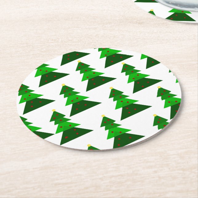 Minimalist Cute and Homey Christmas Tree Pattern Round Paper Coaster (Angled)