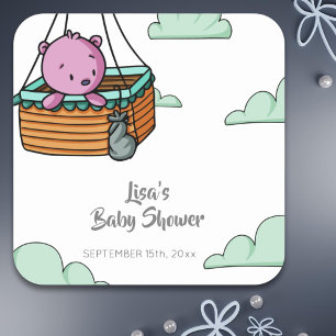 Minimalist Cute Bear in Balloon Basket Baby Shower Square Sticker