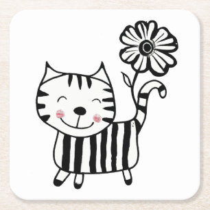 Minimalist Cute Cat with Flower on Tail Decorative Square Paper Coaster