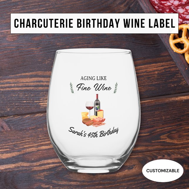 Minimalist Cute Charcuterie & Wine Picnic Birthday Stemless Wine Glass (Creator Uploaded)
