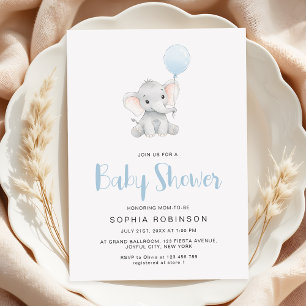 Minimalist Cute Elephant Boy Baby Shower Invitation
