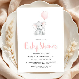 Minimalist Cute Elephant Girl Baby Shower Invitation