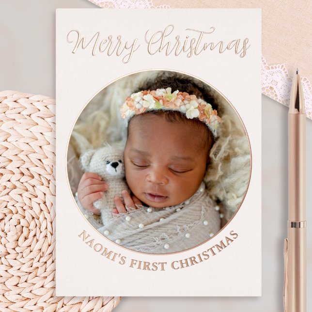 Minimalist Cute Photo Merry Baby's First Christmas Foil Holiday Card (A delightful personalized card for baby's first Christmas, with round 'frame' for your own photo)