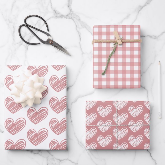 Minimalist Cute Pink and White Hearts and Stripes  Wrapping Paper Sheet (Front)