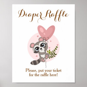 Minimalist Cute Racoon Baby Shower Diaper Raffle Poster