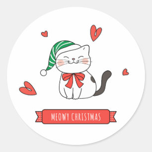 Minimalist Cute Santa Kitty Cat Meowy Christmas Classic Round Sticker