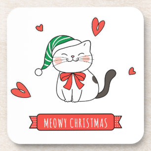 Minimalist Cute Santa Kitty Cat Meowy Christmas  Coaster