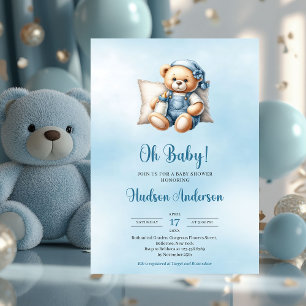 Minimalist cute teddy bear boy baby shower invitation