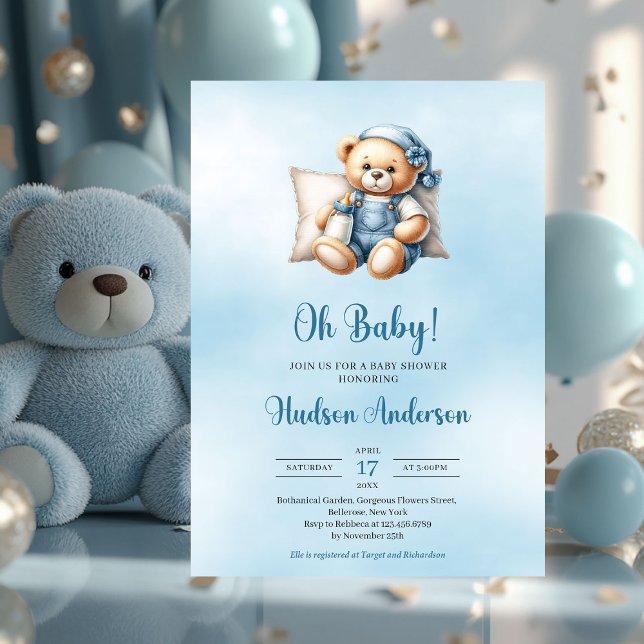 Minimalist cute teddy bear boy baby shower invitation (minimalist boy baby shower invitation with cute teddy bear)