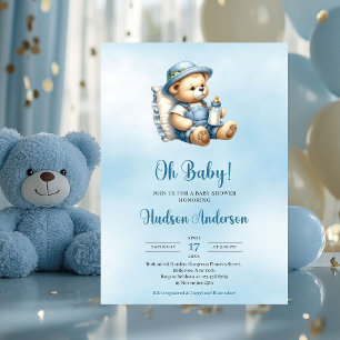 Minimalist cute teddy bear boy baby shower invitation