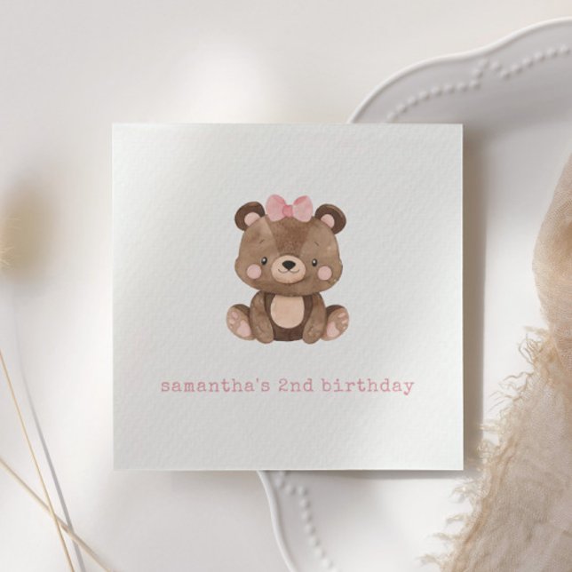 Minimalist Cute Woodland Pink Bear Birthday Party Napkin (Creator Uploaded)