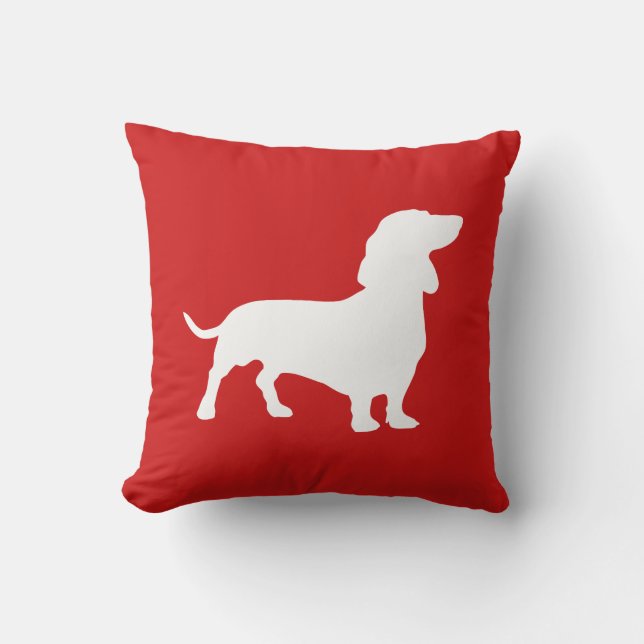 Minimalist Dachshund Silhouette Red and White Cushion (Front)