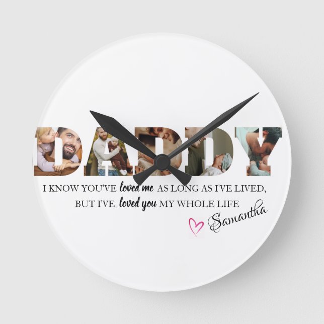 Minimalist DADDY Photo Collage Happy Father's Day Round Clock (Front)