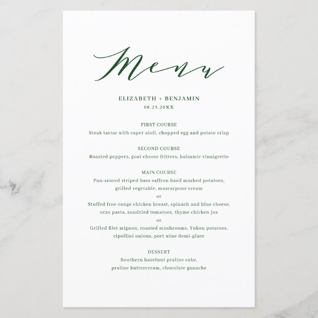 Minimalist Dainty Script Green Wedding Menu Card (Front)