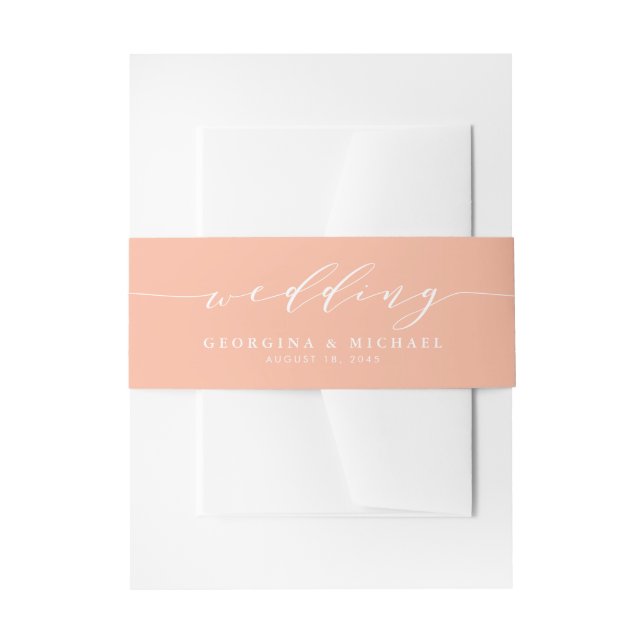 Minimalist Dainty Script Peach Wedding Invitation Belly Band (Front Example)