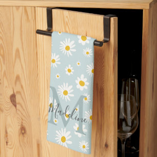 Minimalist Daisy Flower Teal Script Monogram Tea Towel