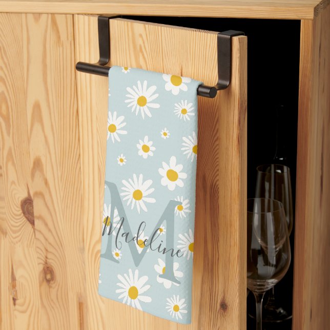 Minimalist Daisy Flower Teal Script Monogram Tea Towel (Thirds Fold)