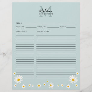 Minimalist Daisy Teal Script Monogram Recipe Card