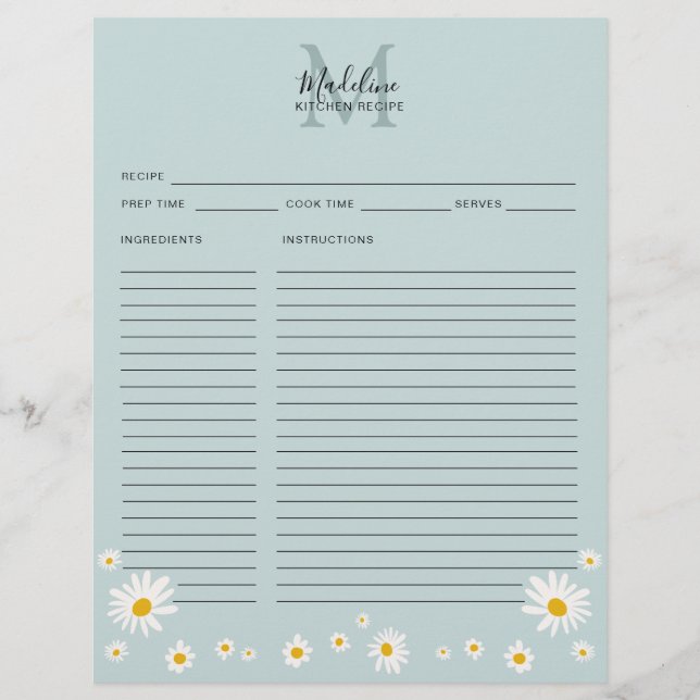 Minimalist Daisy Teal Script Monogram Recipe Card (Front)