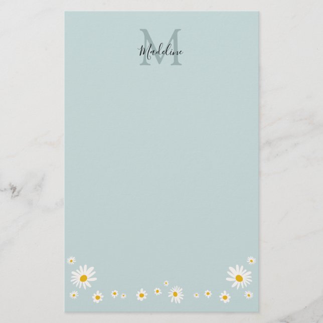 Minimalist Daisy Teal Script Monogram Stationery (Front)